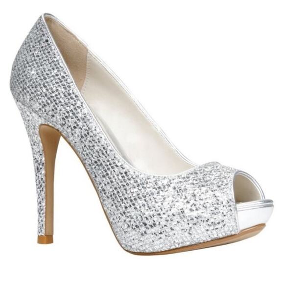 ALDO Women's NEEN Silver Glitter Sparkled Peep Toe Stiletto Platform Heels 9 - Picture 1 of 16